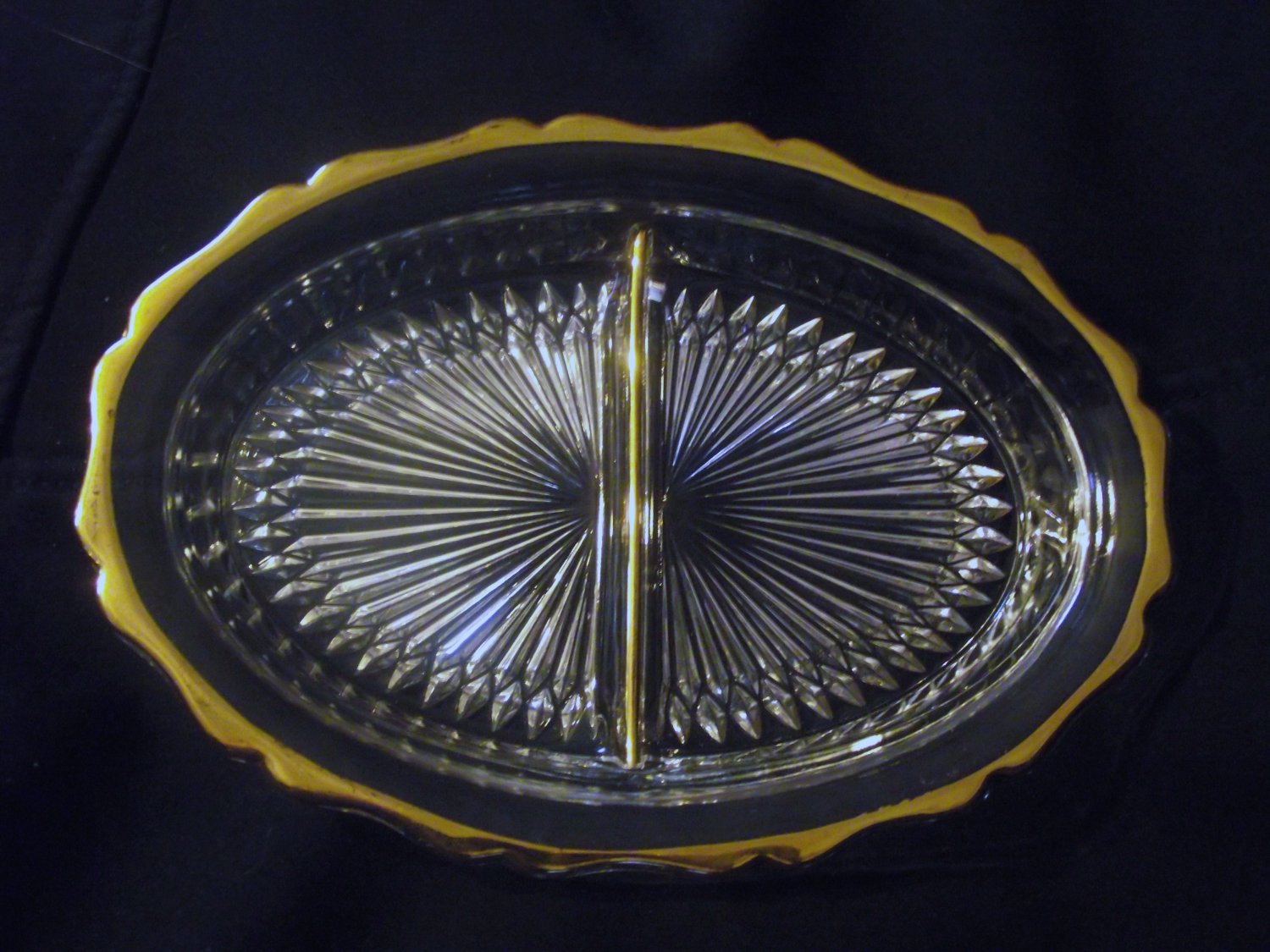 Vintage Jeannette Clear Glass Oval Divided Relish Dish Bowl Gold Trim