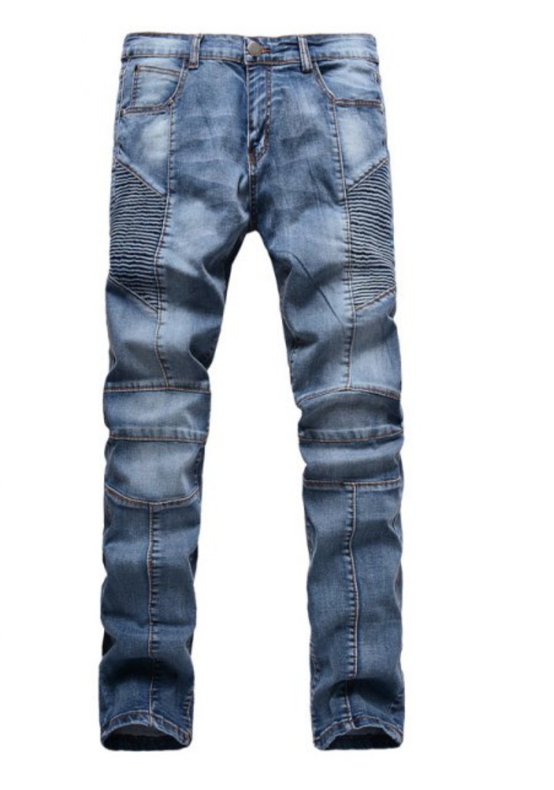 Ribbed Panel Scratched Zipper Fly Five-Pocket Jeans