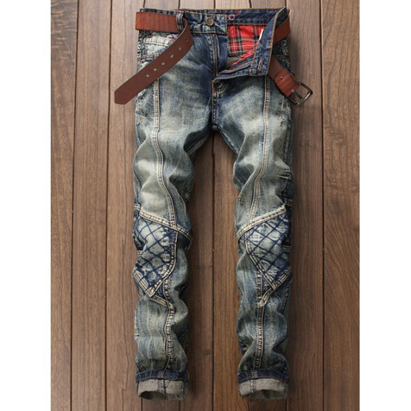 Stitching Rhombus Paneled Zipper Fly Jeans
