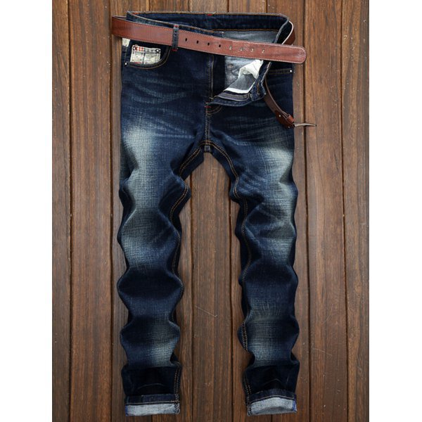 Splicing Design Bleach Wash Straight Leg Jeans