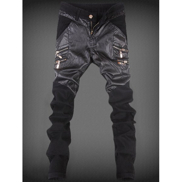 Zippers Design Leather Spliced Slim-Fit Pants