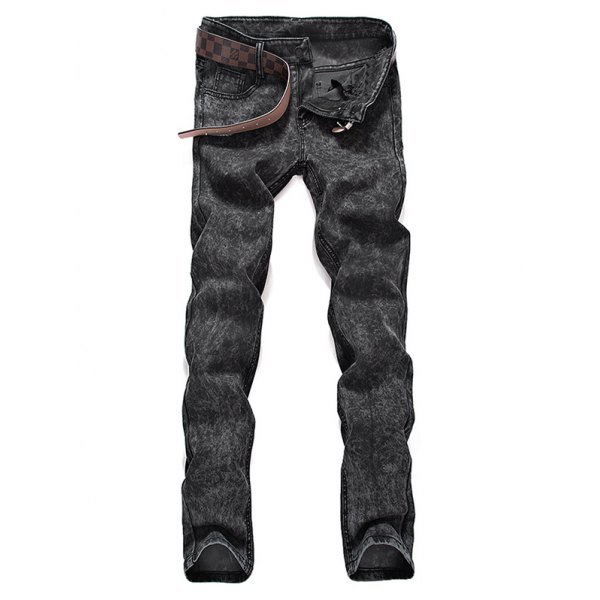 Mid Waist Zipper Fly Snow Washed Jeans