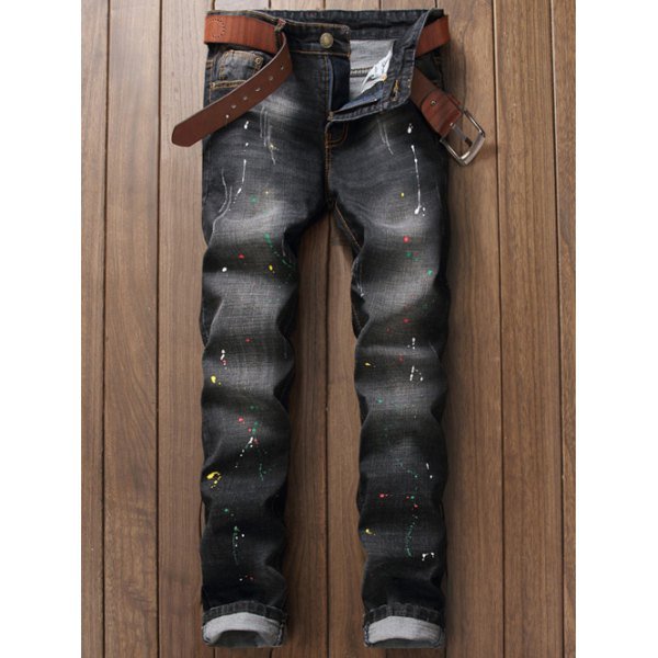 Scratched Pocket Rivet Paint Splatter Jeans