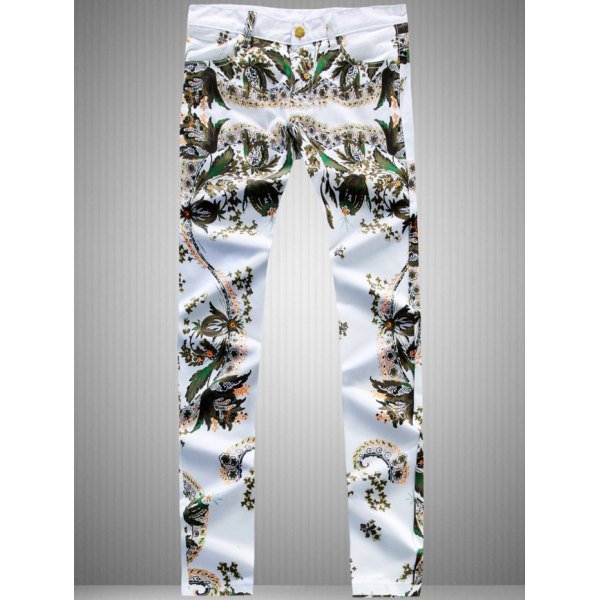 Zipper Fly Flowers Print Straight Leg Jeans