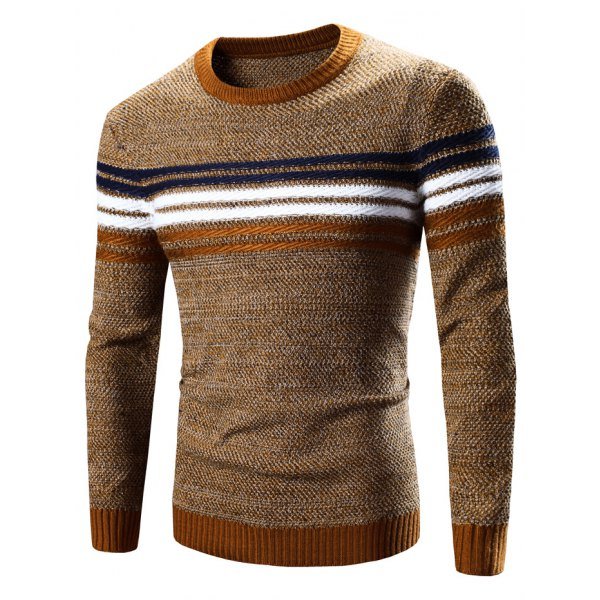 Crew Neck Striped Splicing Pattern Long Sleeve Sweater