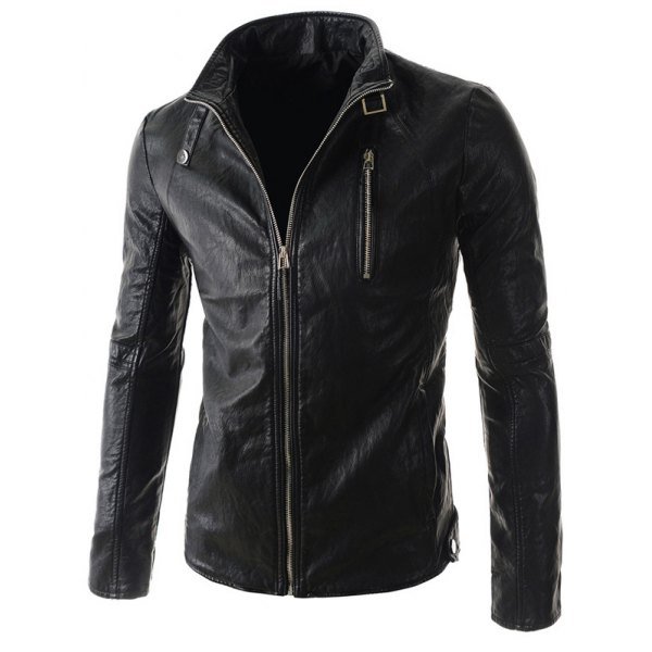 Stand Collar PU-Leather Belt Embellished Zipper Long Sleeve Jacket For Men