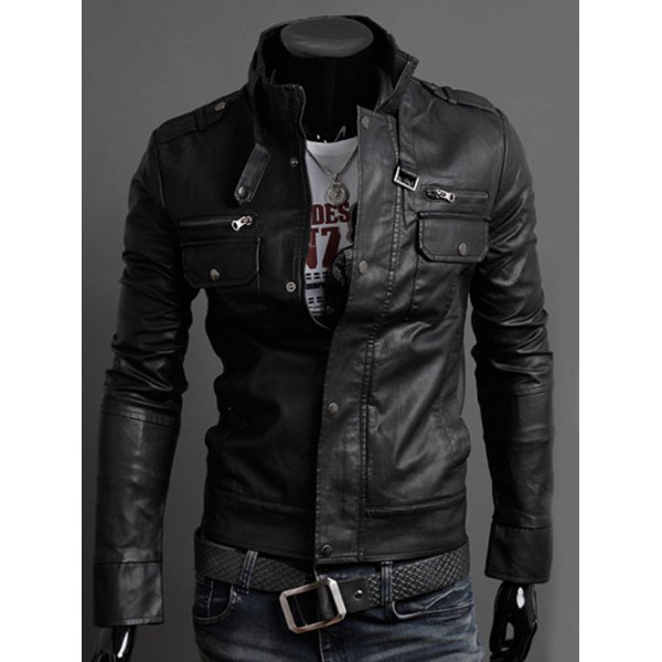 Stand Collar PU-Leather Belt Embellished Epaulet Long Sleeve Jacket For Men
