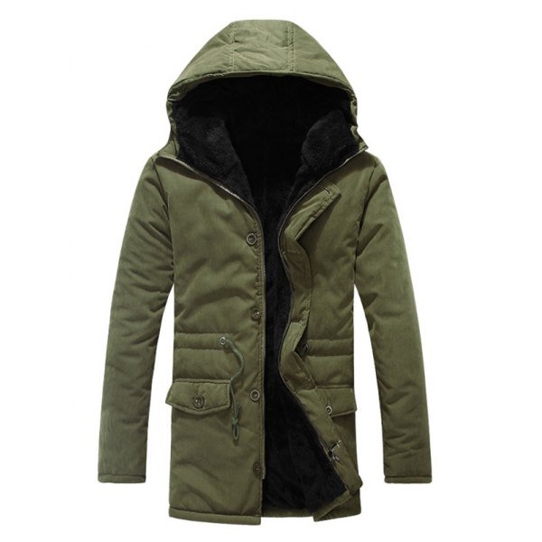 Drawstring Zipper Button Hooded Padded Coat