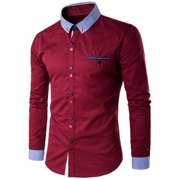 Stripe Splicing Turn-Down Collar Edging Color Block Button Shirt