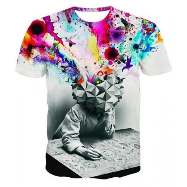 Watercolor Abstract Print Round Neck Short Sleeve Men's