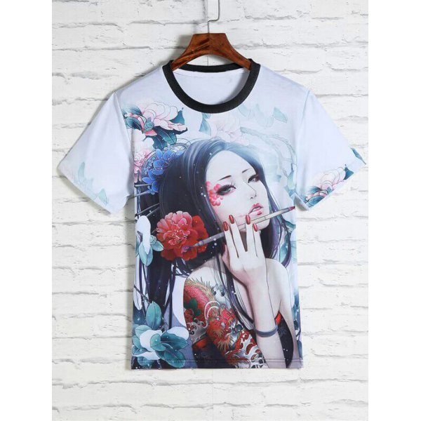 Flower and Beauty Print Round Neck Short Sleeves 3D T-Shirt For Men
