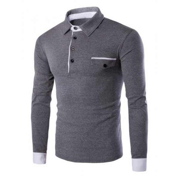 Contrast Spliced Button Up Long Sleeve Polo Shirt