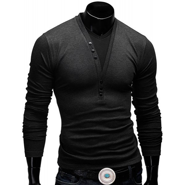 Fitted V-Neck Fashion Faux Twinset Button Design Long Sleeve Polyester Men's T-Shirt