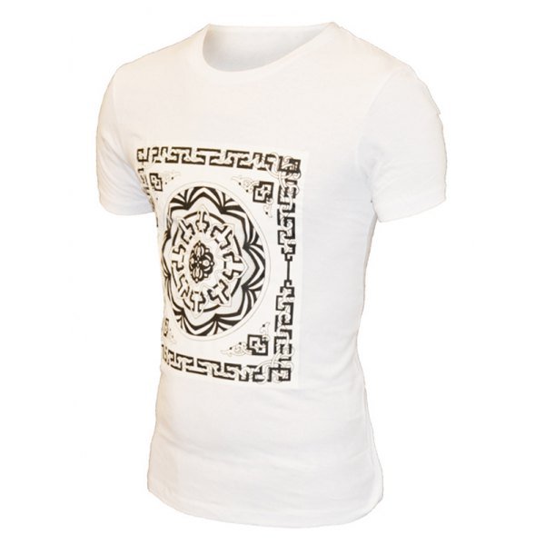 Geometric Flower Print Pattern Round Neck Short Sleeve T-Shirt For Men