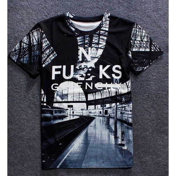 Stylish Round Neck 3D Station Platform Print Short Sleeves T-Shirt For Men