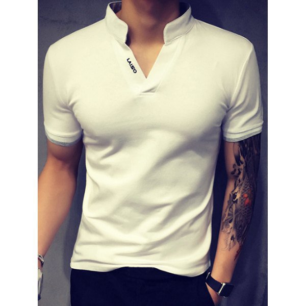 Special Stand Collar Purfled Design Short Sleeves Fitted Polo T-Shirt For Men
