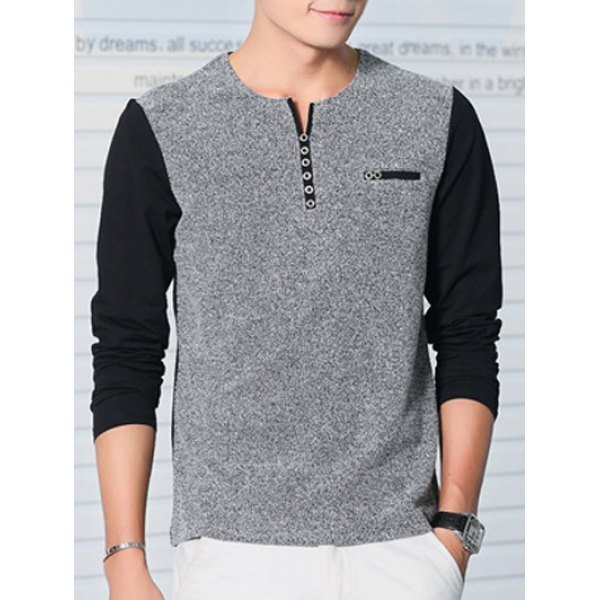 Button Embellished Notch Neck Long Sleeve T-Shirt