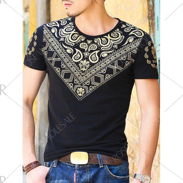 Gloden Geometric Paisley Printing Slimming Round Neck Short Sleeves T-Shirt For Men