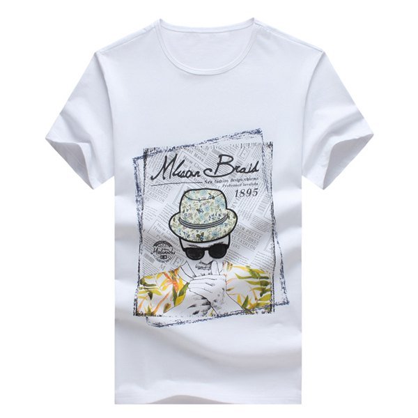 Cartoon Figure and Letters Printed Round Neck Short Sleeve T-Shirt For Men