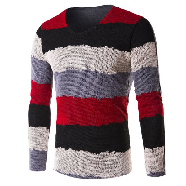 V-Neck Grid Splicing Color Block Stripe Long Sleeve T-Shirt For Men