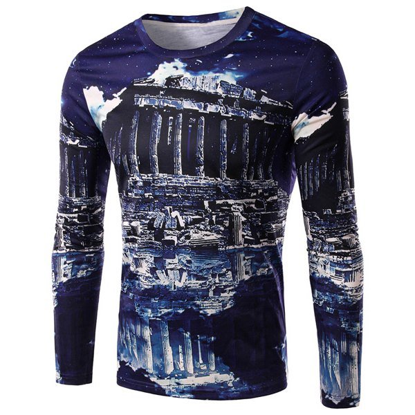 3D Ruins Print Round Neck Long Sleeve Men's T-Shirt