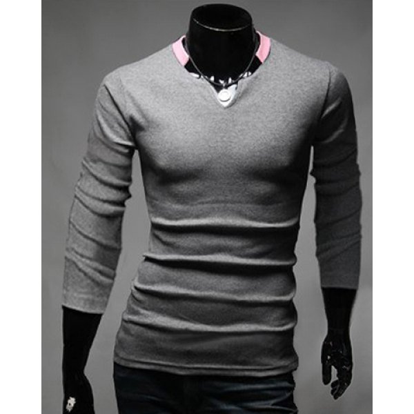 Color Splicing Personality Stand Collar Slimming Fashion Design Long Sleeves Men's Polyester T-Shirt