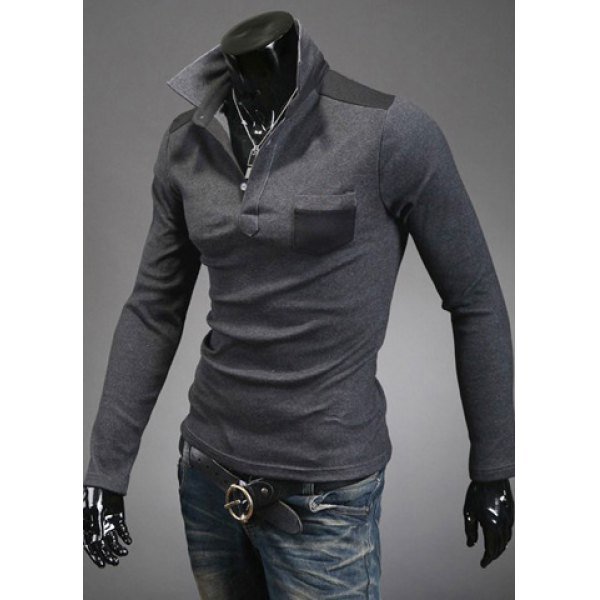 Embellished Long Sleeves Men's Cotton Blend Polo T-Shirt