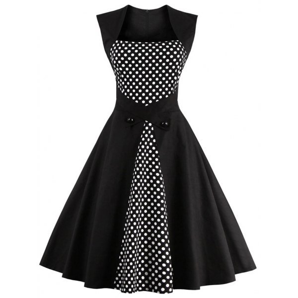 Retro Polka Dot Square Neck Swing Dress