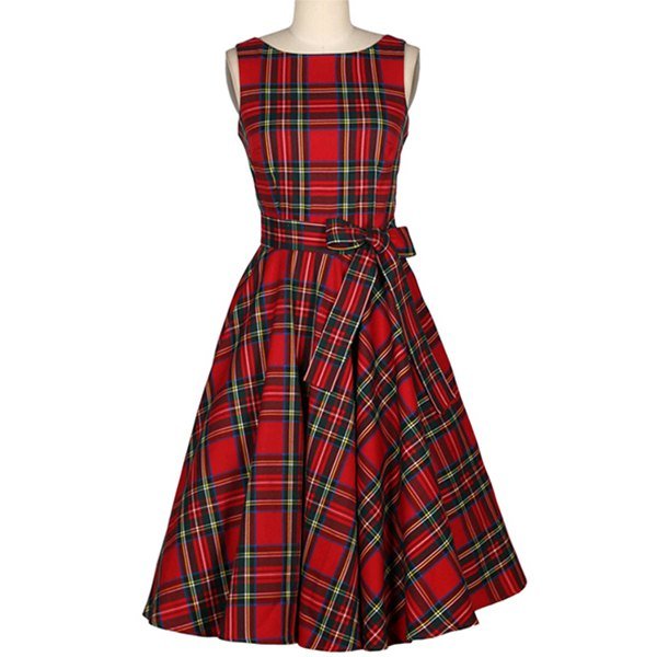 Vintage Jewel Neck Sleeveless Plaid Belted Women A-line Dress