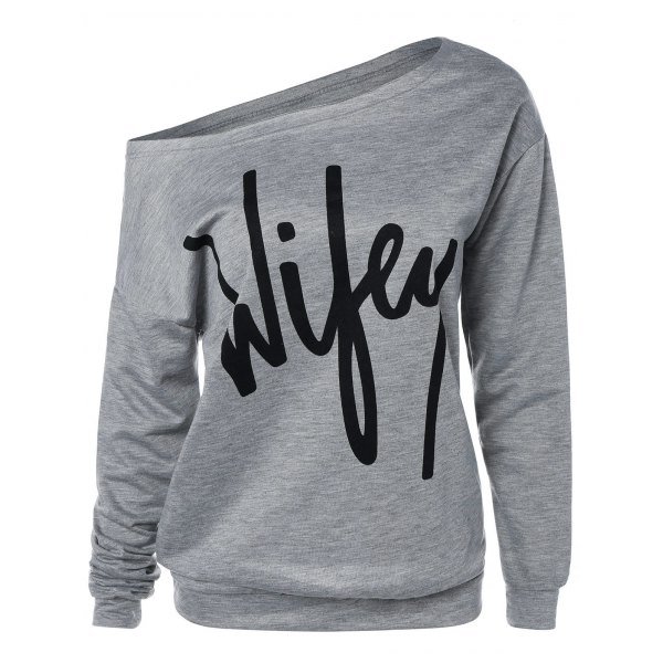 Wifey Print Skew Neck Sweatshirt
