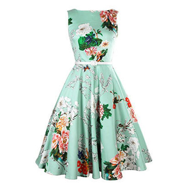 Vintage Jewel Neck Sleeveless Floral Print Dress
