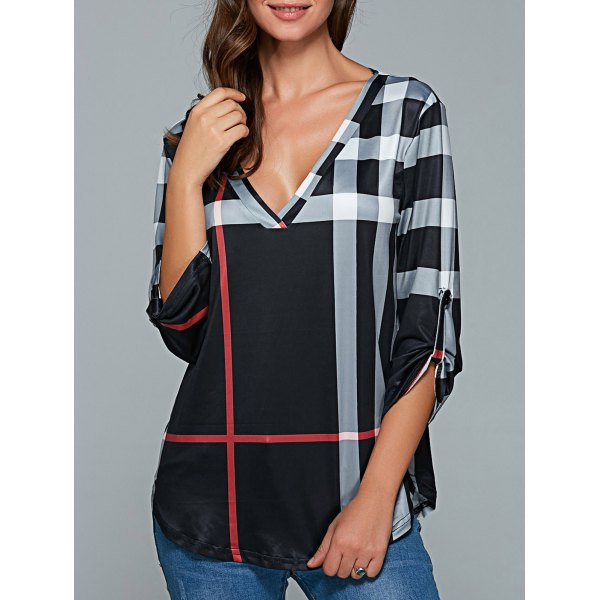 Neck 3/4 Sleeve Plaid Blouse