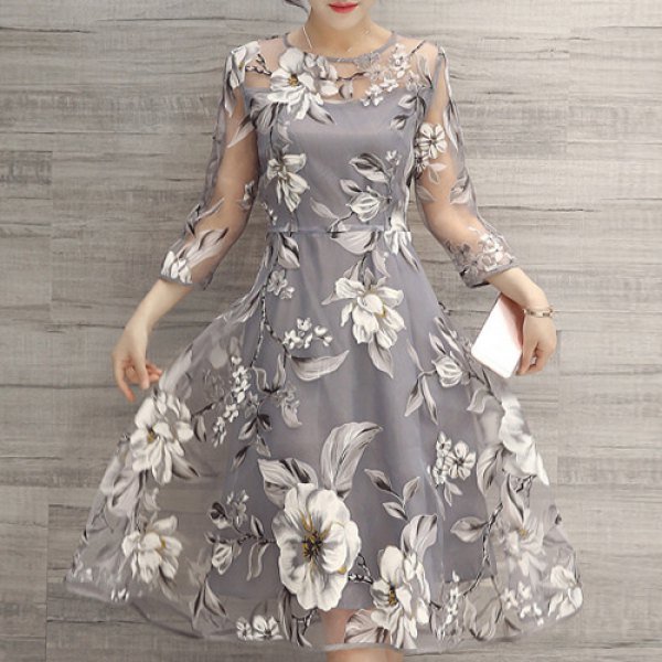 Charming Round Neck 3/4 Sleeve Floral Print See-Through Dress For Women