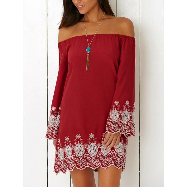 Vintage Off The Shoulder Embroidered Mini Shift Dress