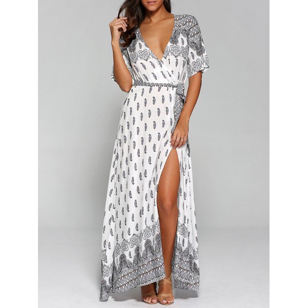 Surplice High Slit Paisley Maxi Dress