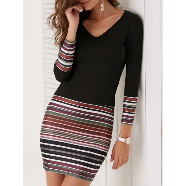 Fashion V-Neck Stripe Long Sleeve Dress For Women
