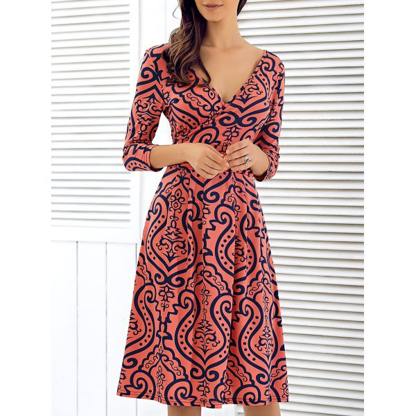 3/4 Sleeve Plunging Neck Printed Dress