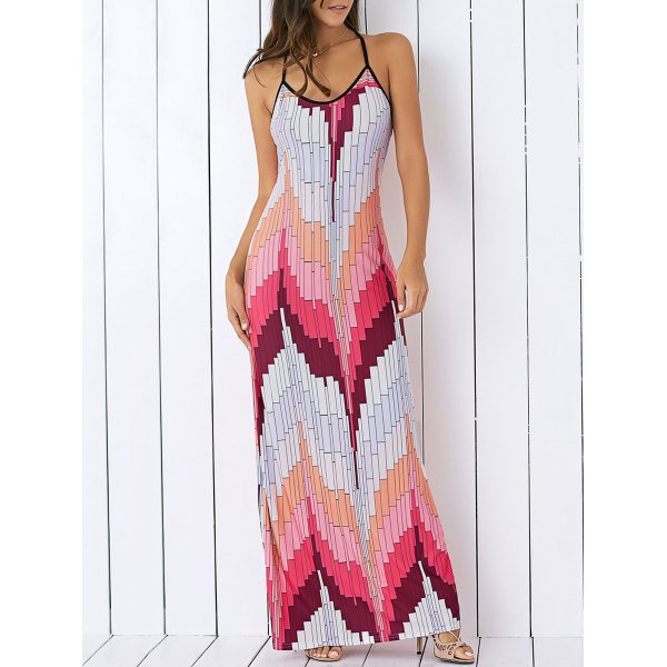 Bohemian Spaghetti Strap Color Block Maxi Dress