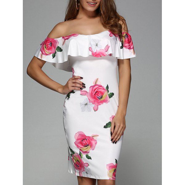 Flower Print Overlay Off Shoulder Bodycon Dress