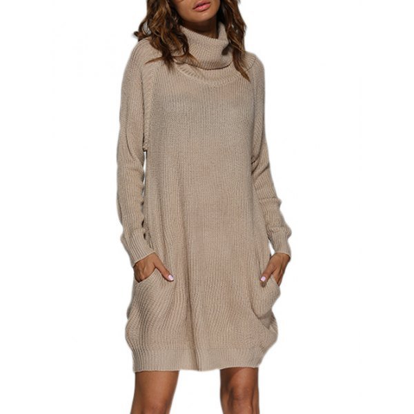 Chic Turtleneck Loose-fitting Front Pocket Women Sweater Dress