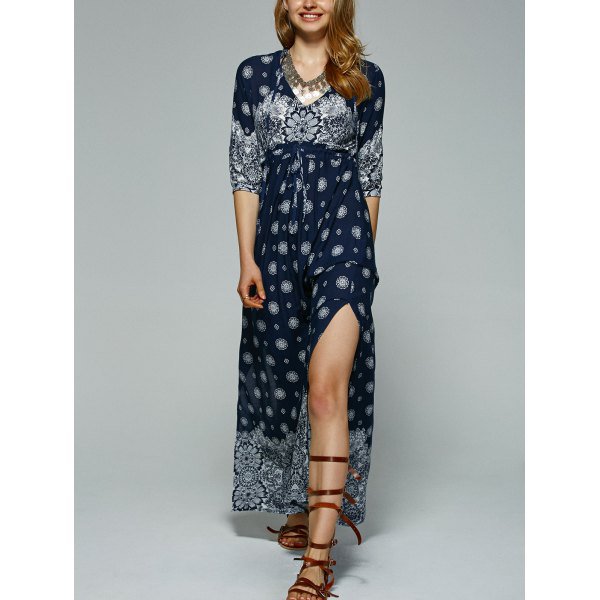 Bohemian V-Neck Tribal Print High Slit Maxi Dress For Women