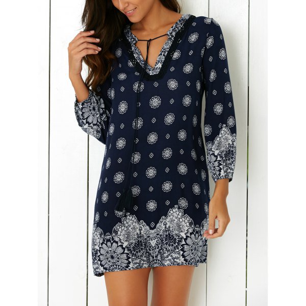 3/4 Sleeve Tribal Print Shift Mini Dress