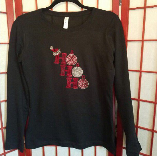 HoHoHo Black Rhinestone Long Sleeve Tee Small