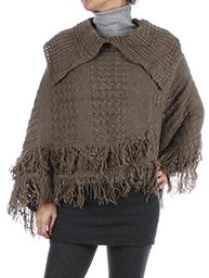 Collared Poncho w/Fringe in Brown