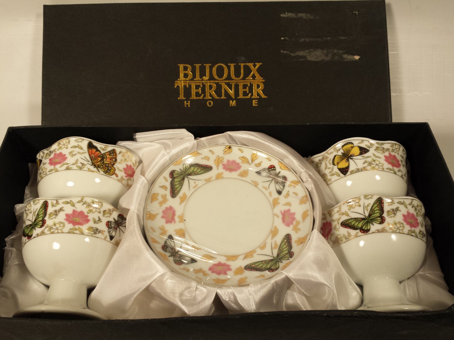 BIJOUX TERNER HOME Set/4 Pedestal Dessert Ice Cream Bowls&Saucers w/Butterflies