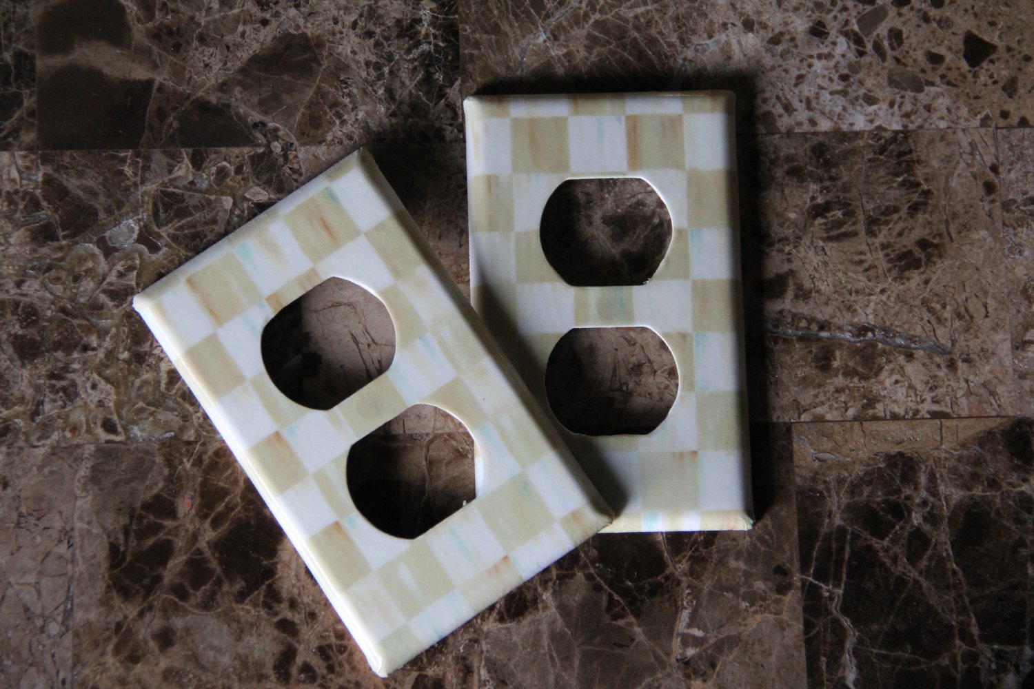Double Socket Switch Plate made w/Mackenzie Childs Parchment Check Napkin