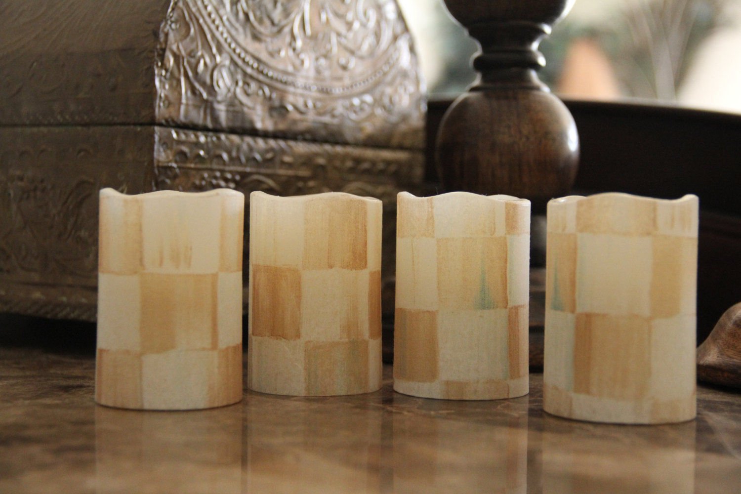 4 Flameless LED Pillar Candles made w/Mackenzie Childs Parchment Check Napkin