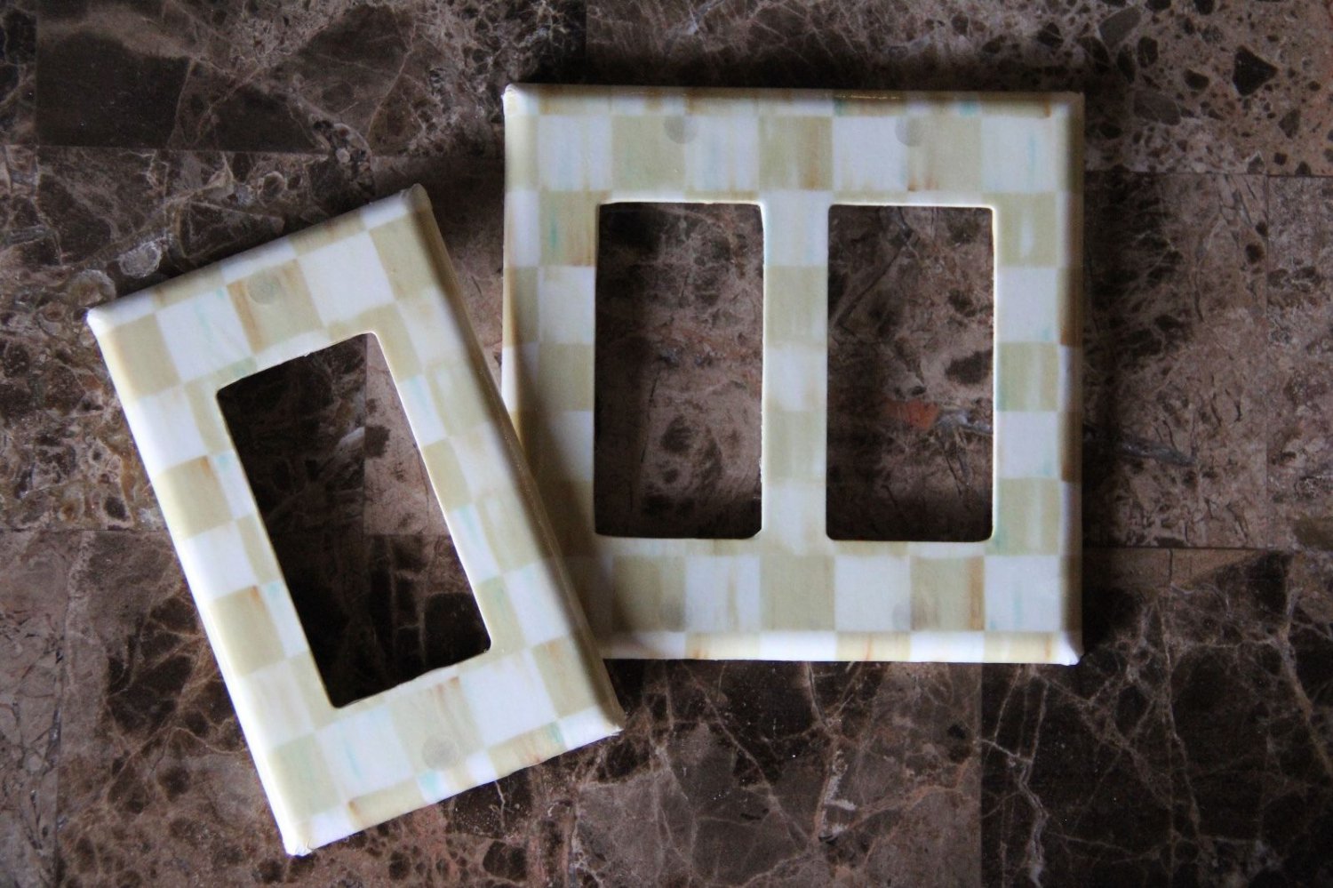 Double Gang Rocker Switch Plate made w/Mackenzie Childs Parchment Check Paper