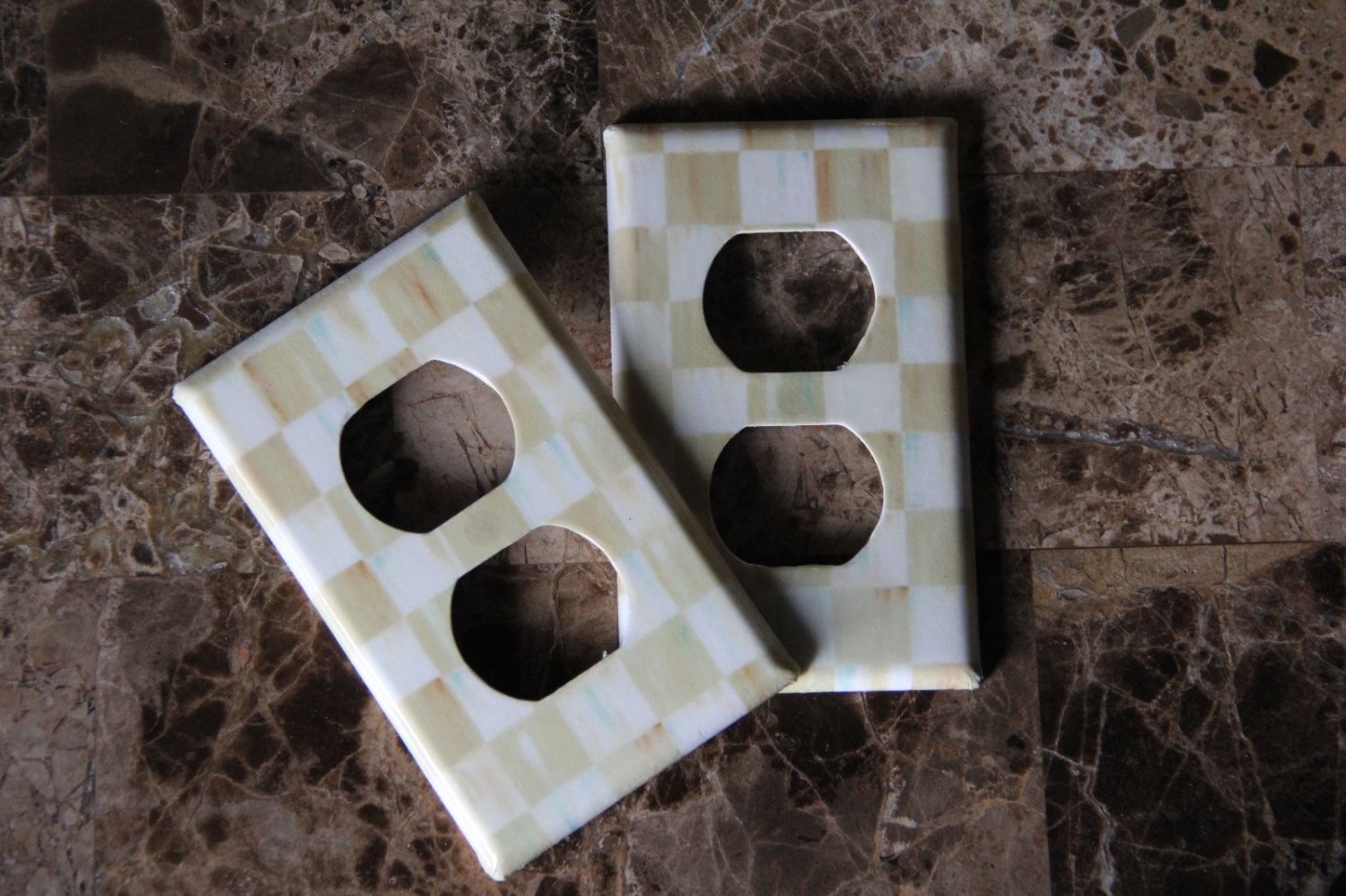 Double Outlet Switch Plate made with Mackenzie Childs Parchment Check Paper