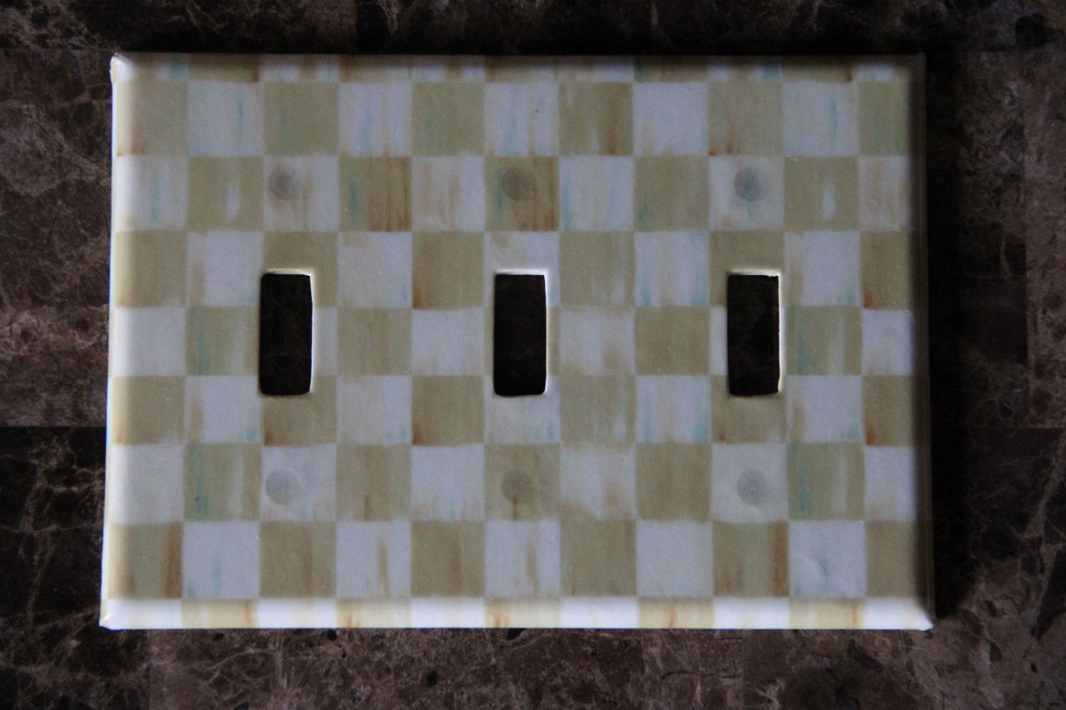 Switch Plate Cover 3 Toggle made w/Mackenzie Childs Parchment Check Paper